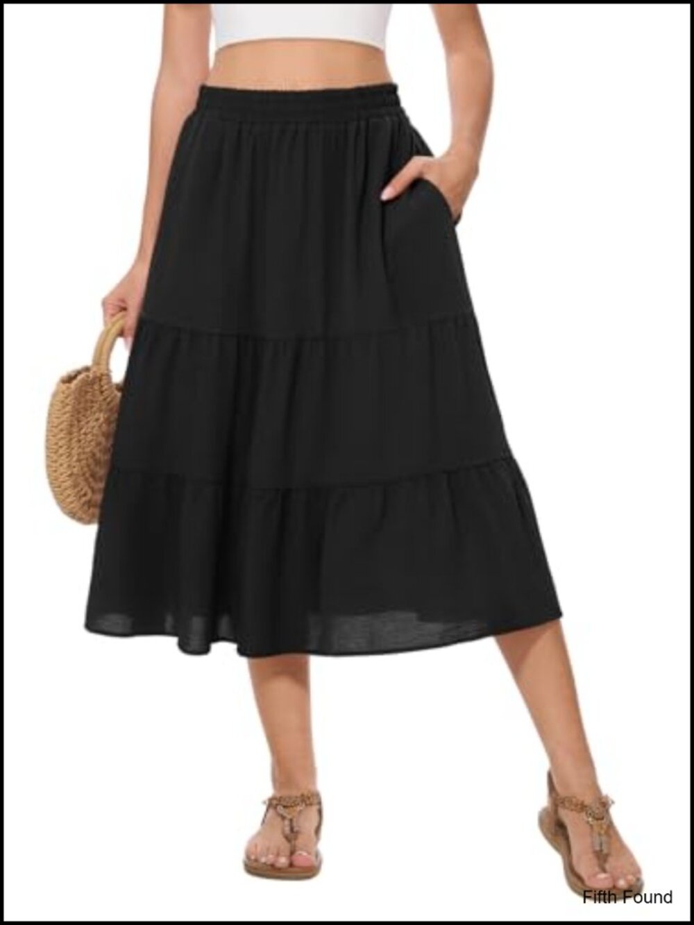 Women's Midi Tiered Flowy High Waist A-Line Casual Skirt with Pockets